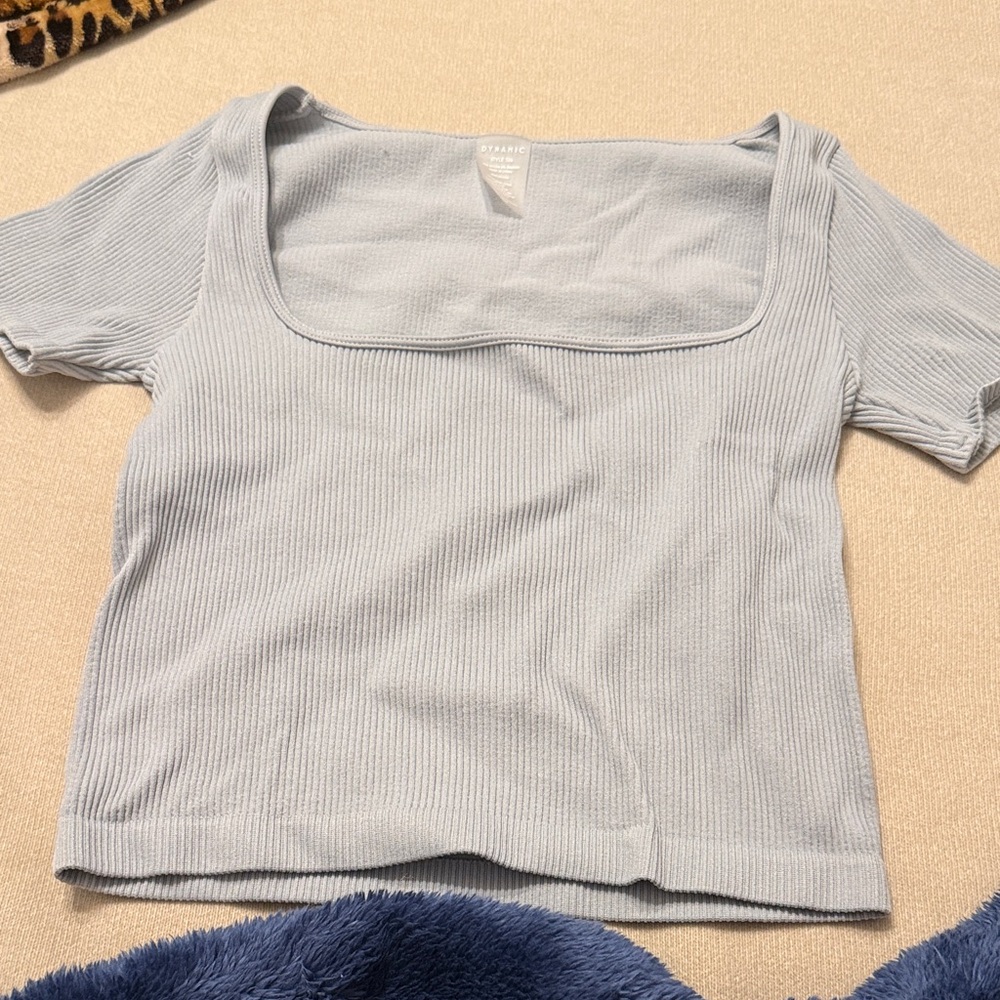 Casual Light Blue Ribbed Short Sleeve Top